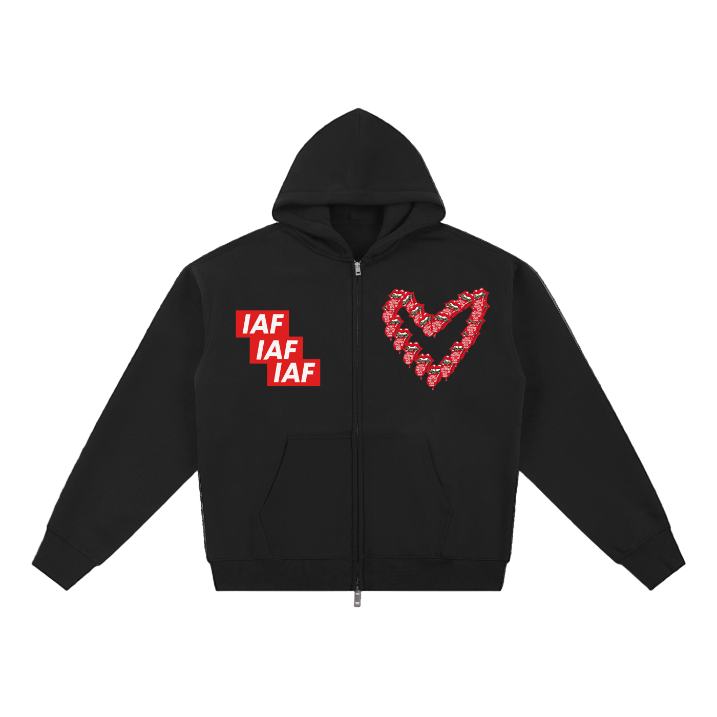 Black hoodie with red 'IAF' text and heart design on a white background